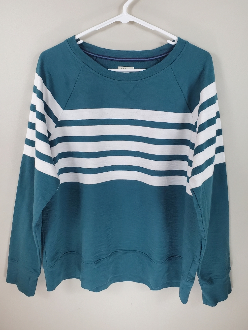 L.L. Bean Size 1X Teal Sea Salt Stripe Women's Peaks Island Long Sleeve Crewneck